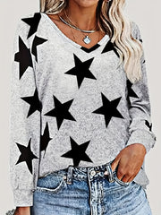 Star Print V Neck Sweatshirt Casual Long Sleeve Pullover for Spring & Fall