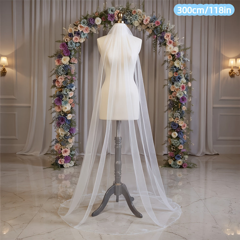Sheer Lace Wedding Head Veil with Trim Long Train Bridal Veil for Women