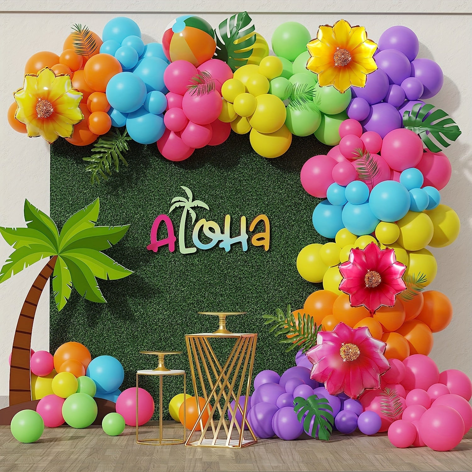 146pcs Tropical Hawaiian Balloon Garland Arch Kit Pink Orange Rainbow Balloons