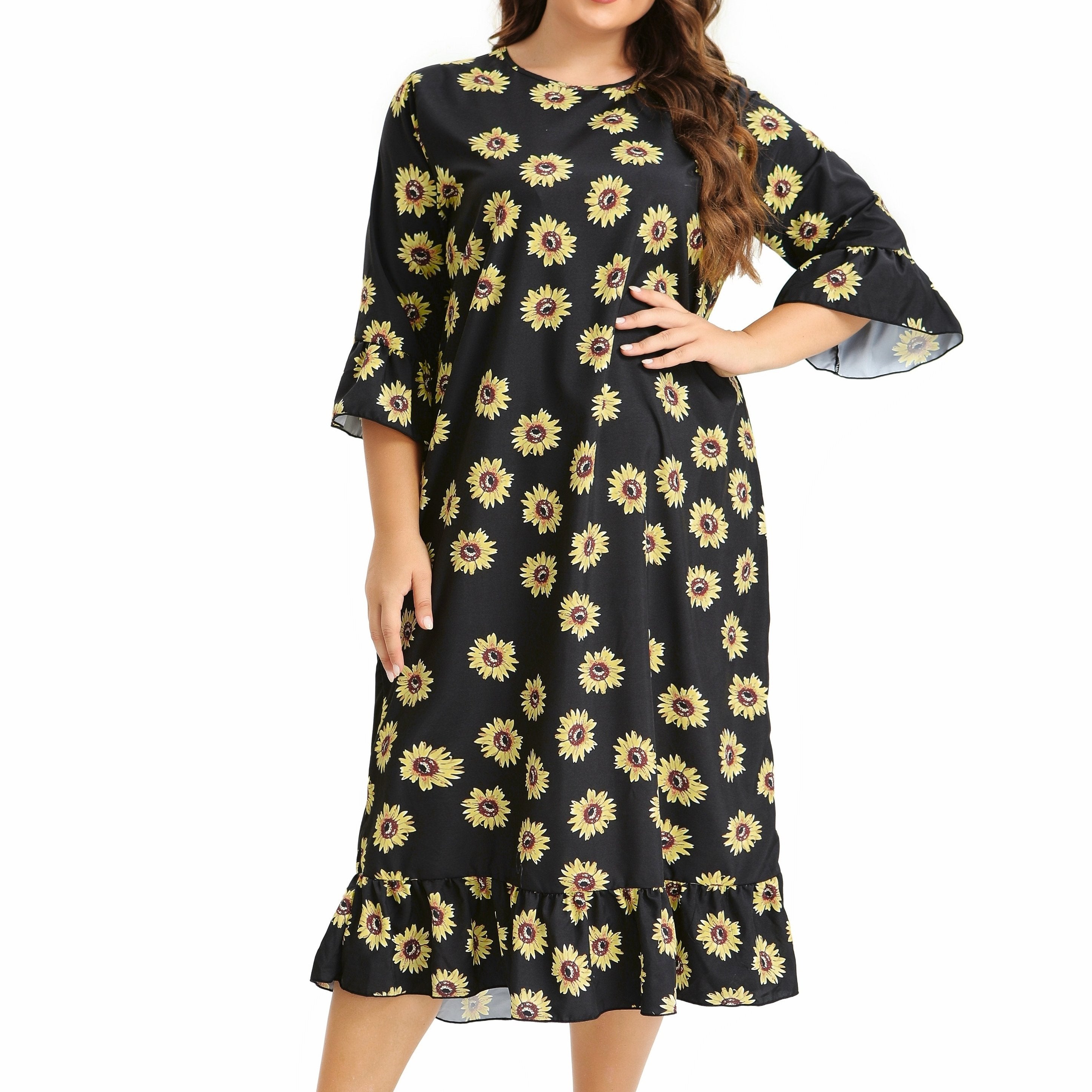 Sunflower Print Ruffle Trim Sleep Dress
