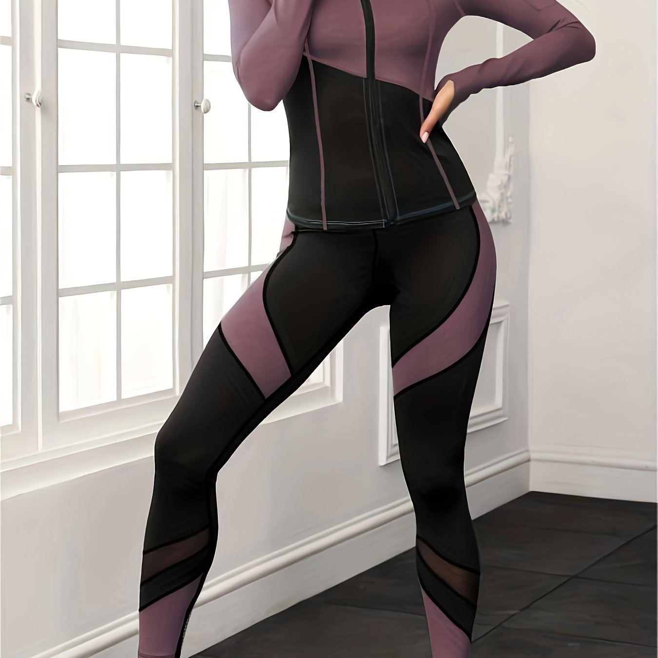 Yoga Set Contrast Long Sleeves Zip Up Slim Fit Tops & Seamless High Elastic Yoga