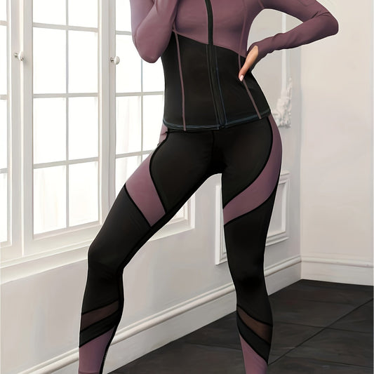 Yoga Set Contrast Long Sleeves Zip Up Slim Fit Tops & Seamless High Elastic Yoga