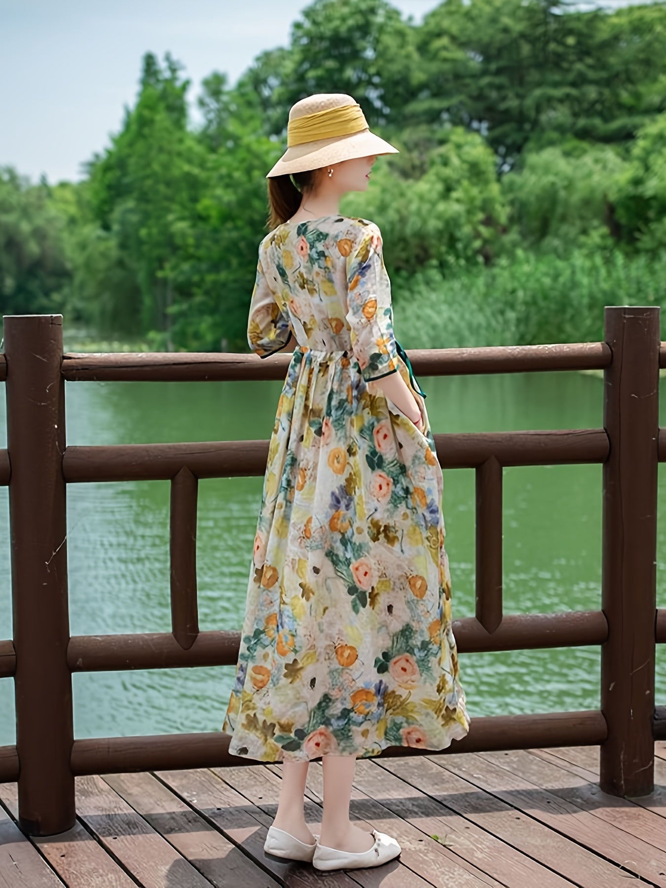 Vintage Floral Print Ruched Dress Tie Waist Surplice Neck A Line