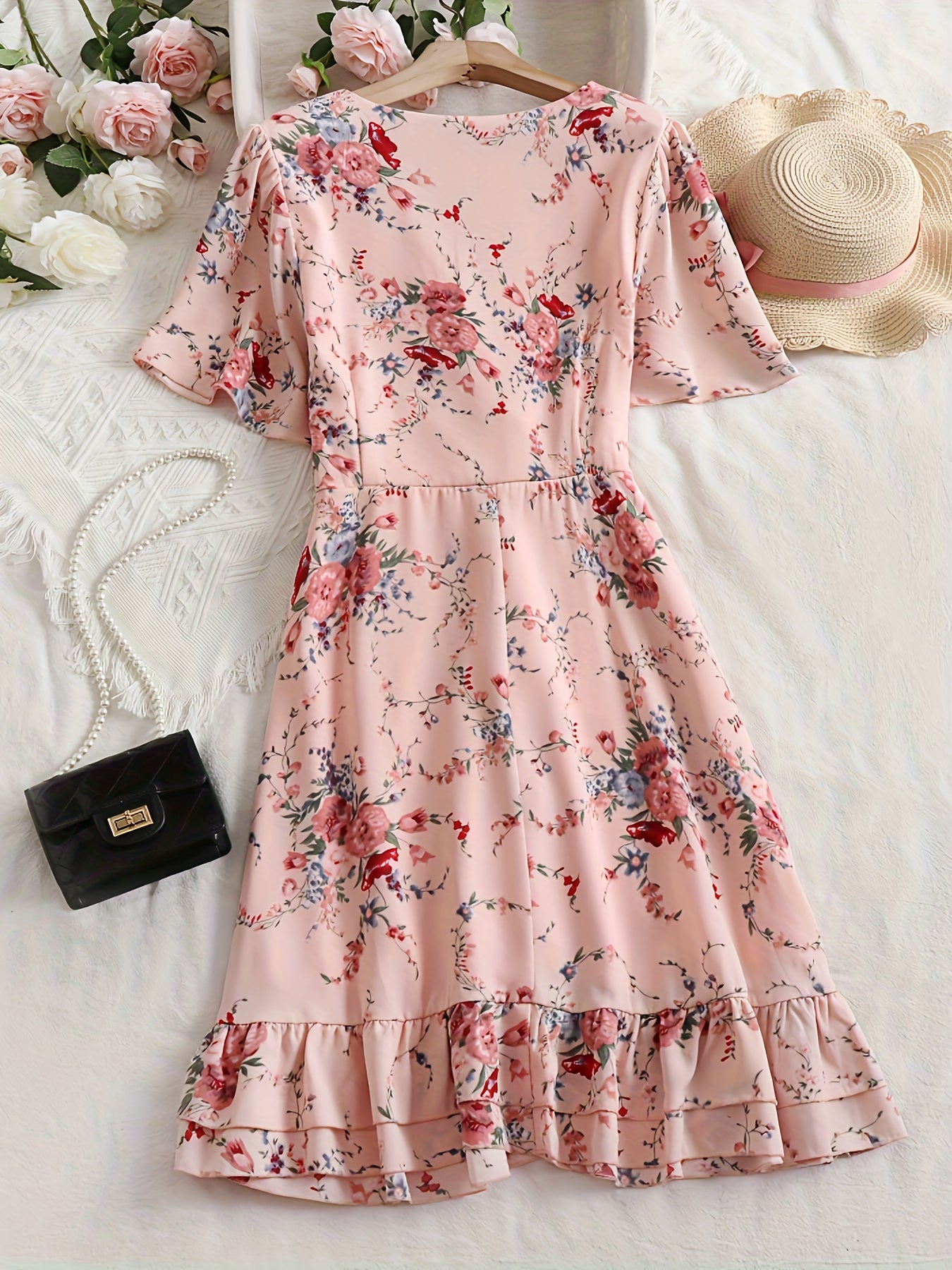 Floral Print Short Sleeve V Neck Dress