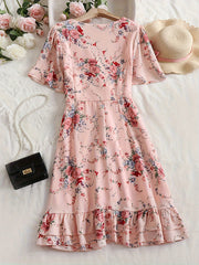 Floral Print Short Sleeve V Neck Dress