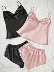 Solid Satin Pajama Set Draped Collar Cami Top & Shorts