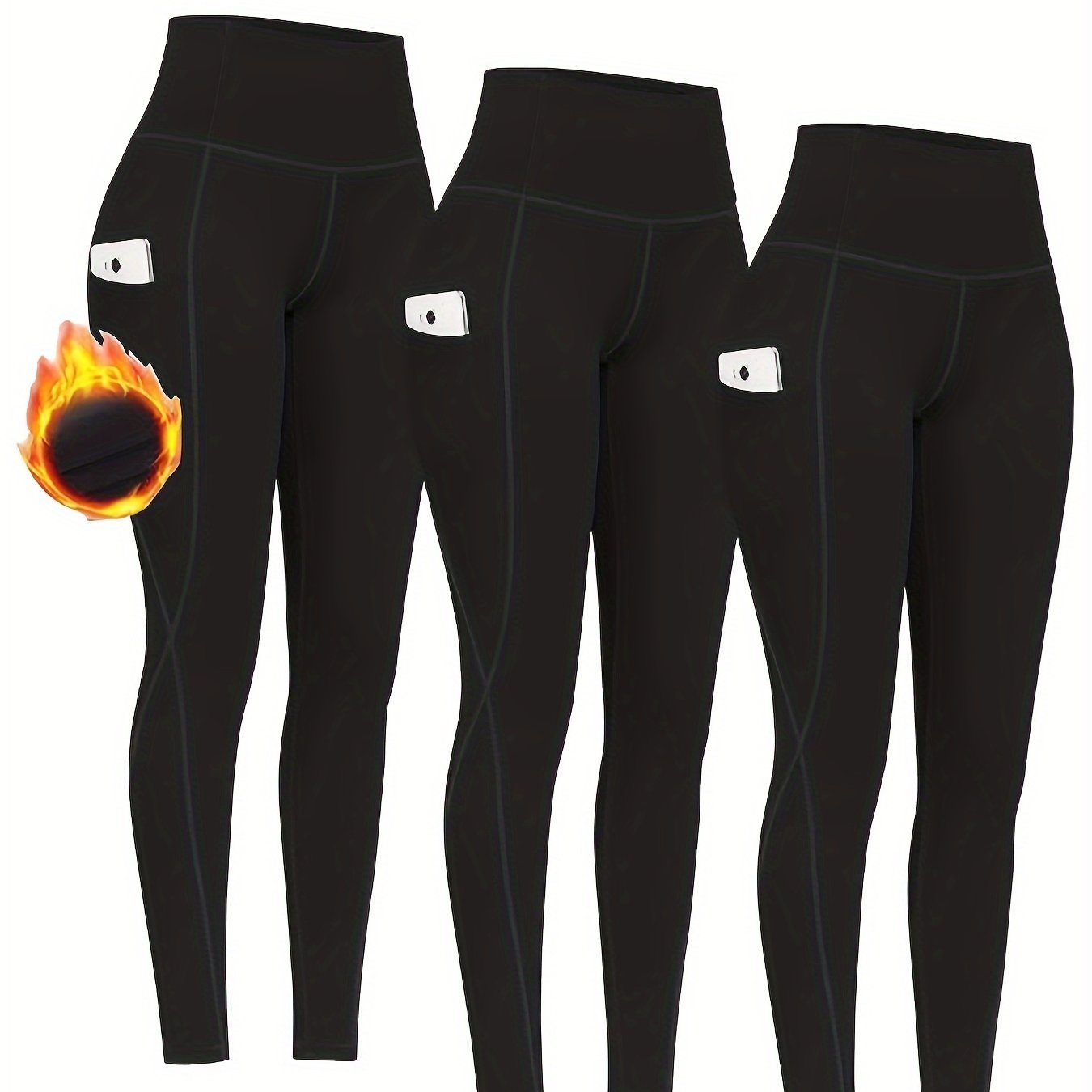 3pcs Fleece Lined Yoga Pants With Pocket Solid Running Sports Warm Tight Pants