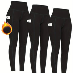 3pcs Fleece Lined Yoga Pants With Pocket Solid Running Sports Warm Tight Pants