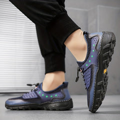 Men's Breathable Stars Print No Tie Mesh Sneakers With Adjustable Draw String