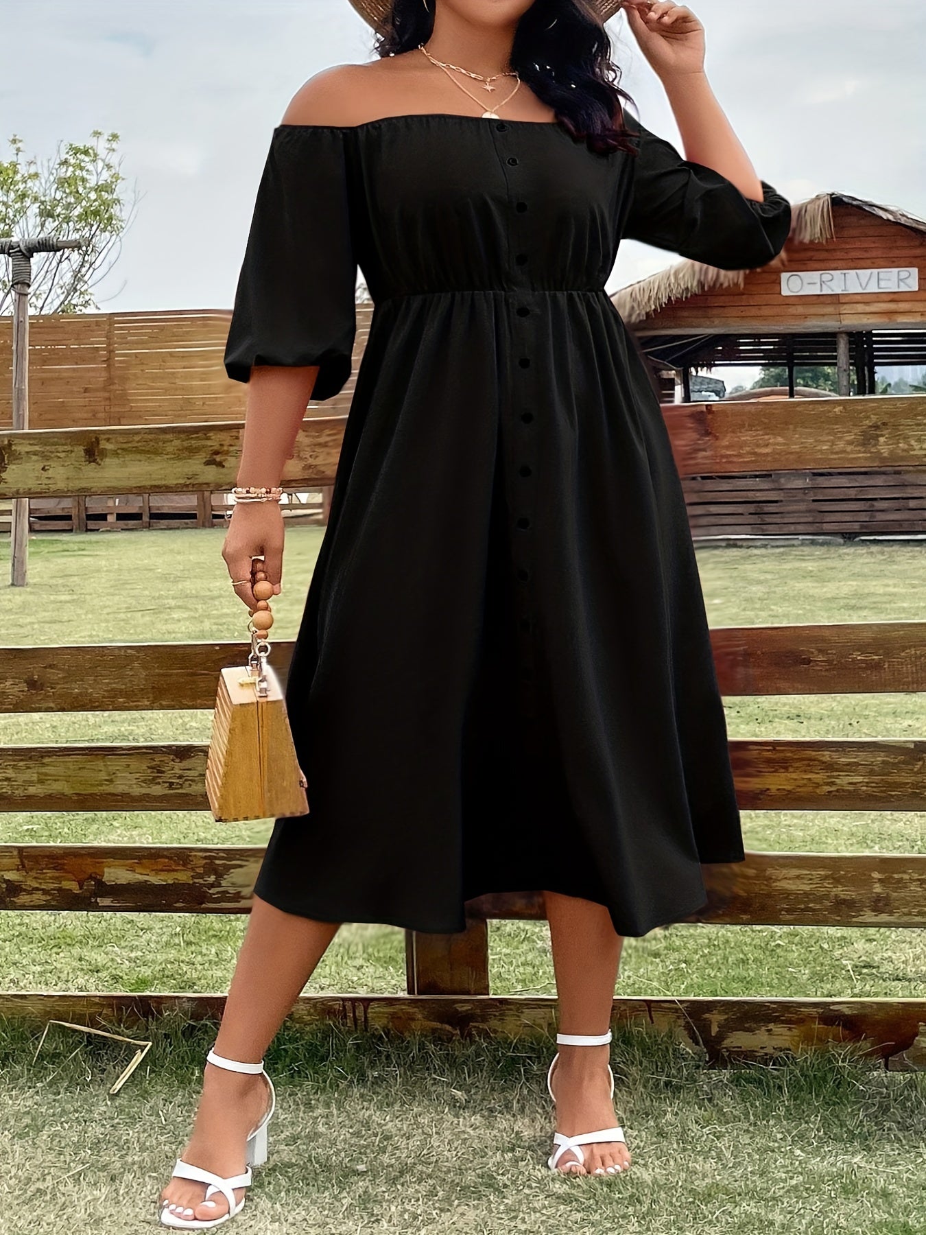 Casual Dress Women's Solid Off Shoulder Button Up Midi Dress