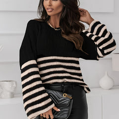 Casual Sweater Women's Plus Stripe Print Long Sleeve