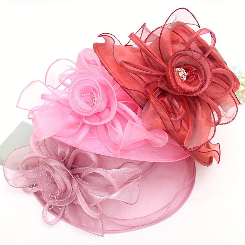 Mesh Flower Organza Sun Hat Wide Brim Derby Hat Solid Breathable Church Hat