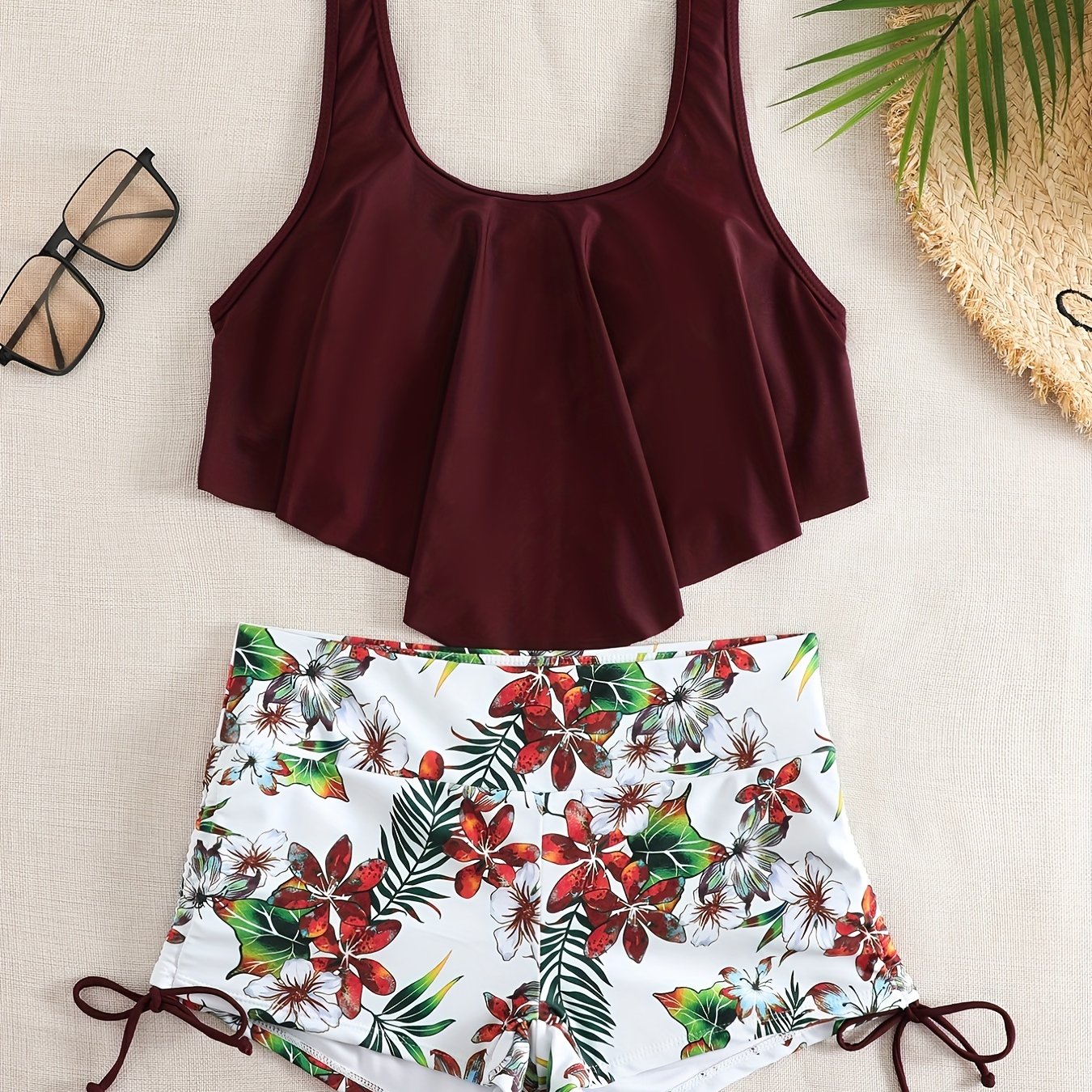 Print Ruffled Trim Tankini Set Tie Side Boxer Short 2Pc Swimsuit