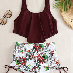 Print Ruffled Trim Tankini Set Tie Side Boxer Short 2Pc Swimsuit