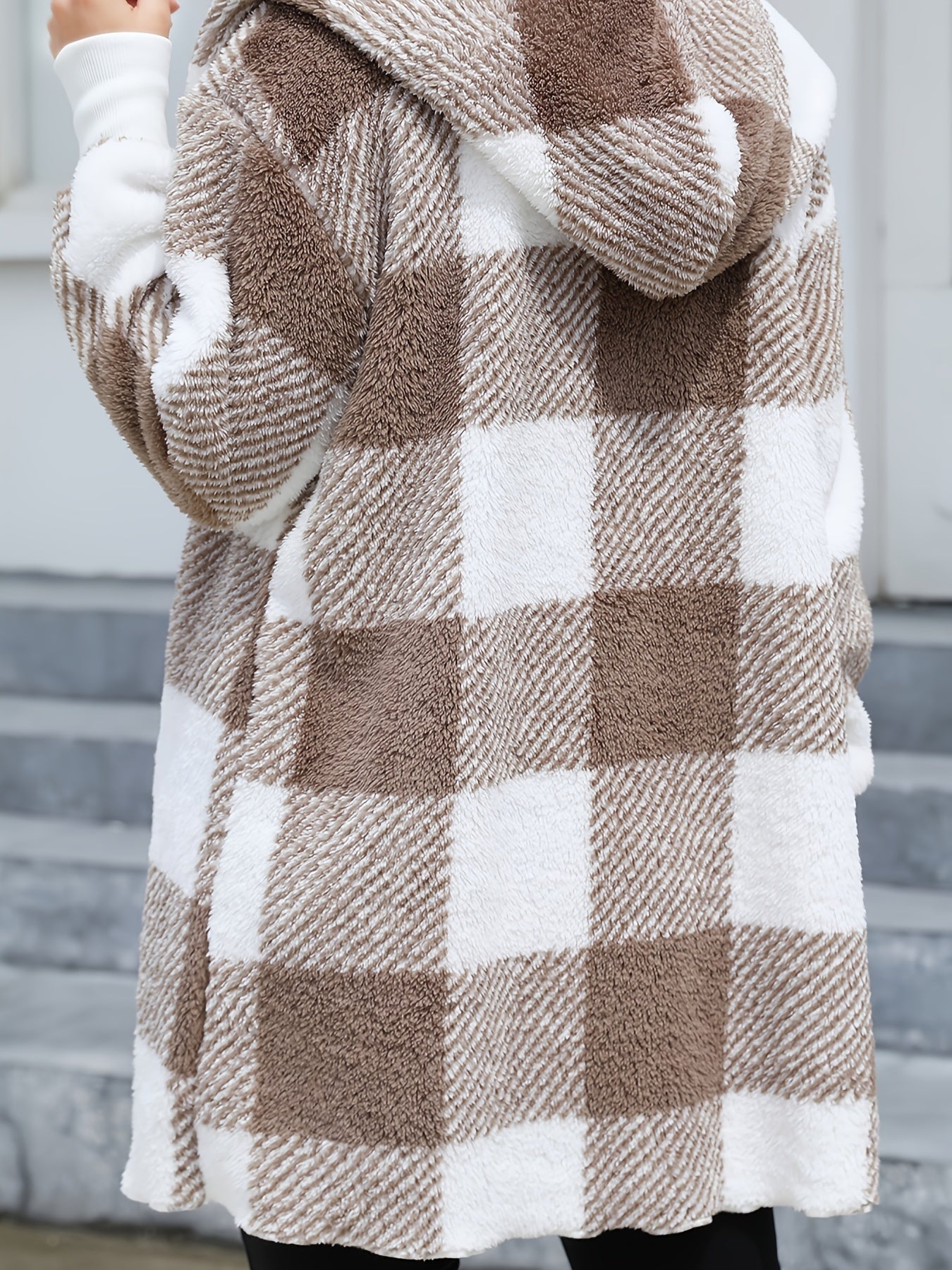 Fleece Plaid Hooded Cardigan Coat for Women