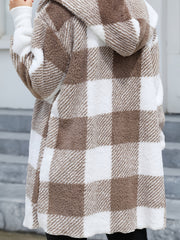 Fleece Plaid Hooded Cardigan Coat for Women