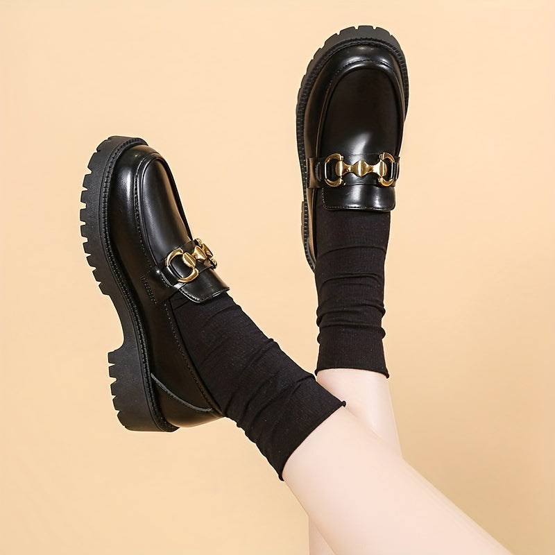 British Style Metal Decor Loafers Slip On Chunky Heel Shoes