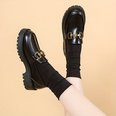 British Style Metal Decor Loafers Slip On Chunky Heel Shoes