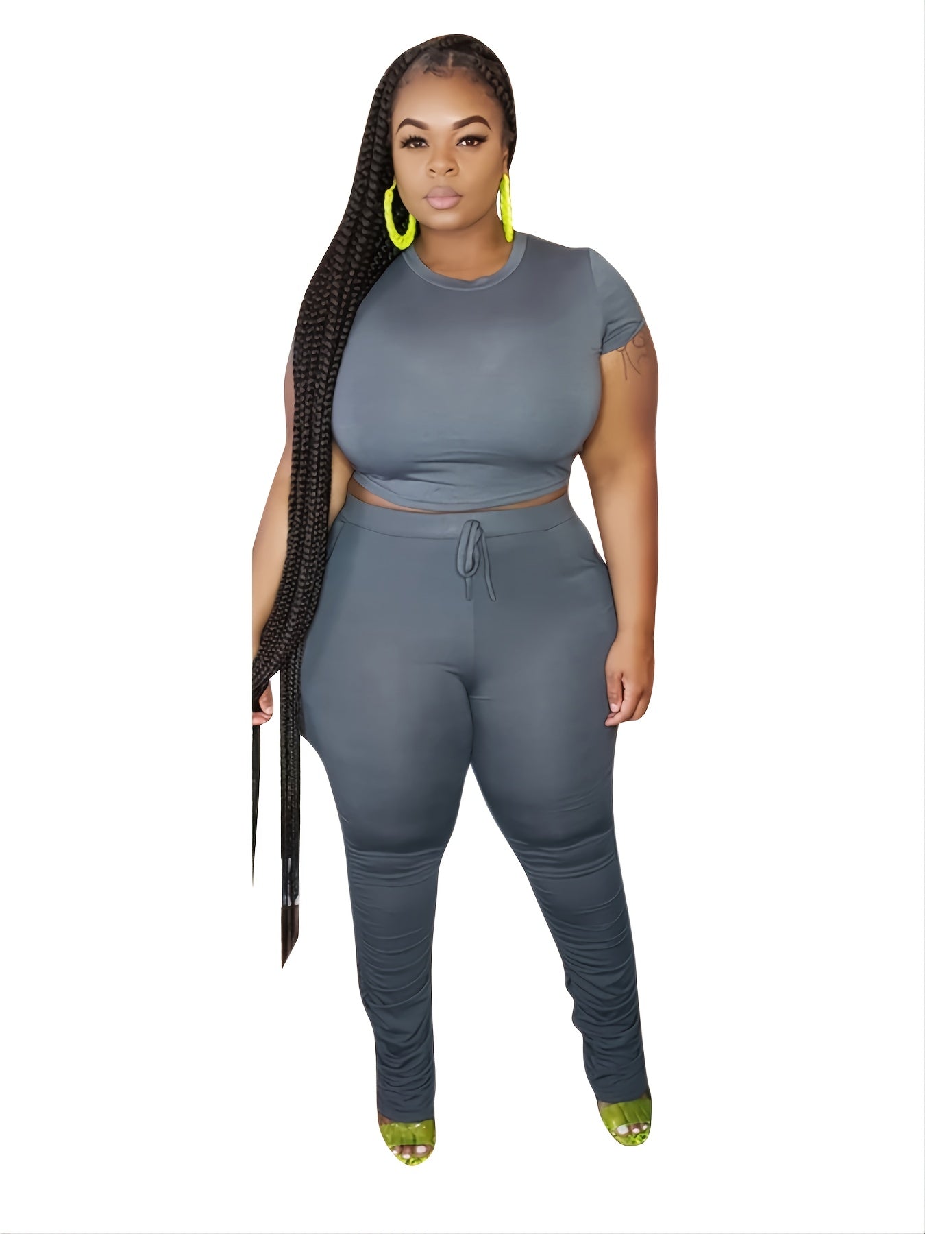 Solid Crop Top & High Waist Pant Set Women's Plus Casual Co ords