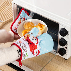 2pcs Merry Christmas Kitchen Gloves Heat Insulation Oven Mitts