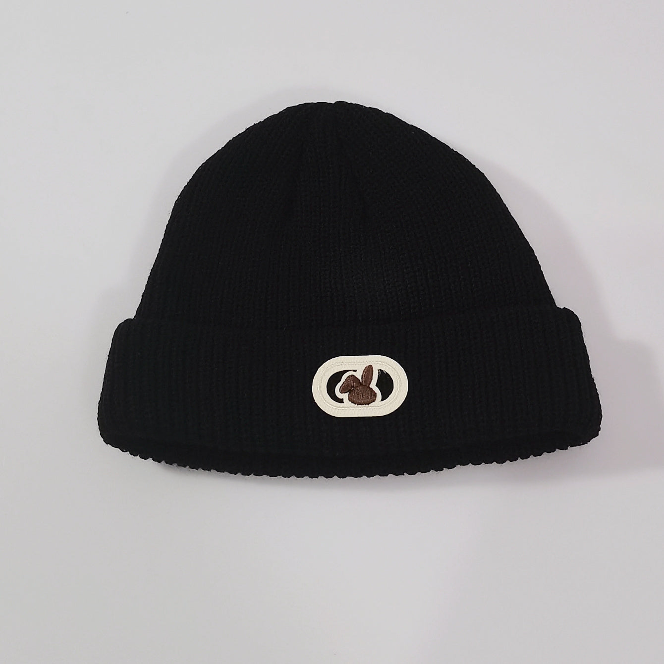 Rabbit Label Embroidery Beanie Solid Knit Hat Elastic Casual Skull Cap