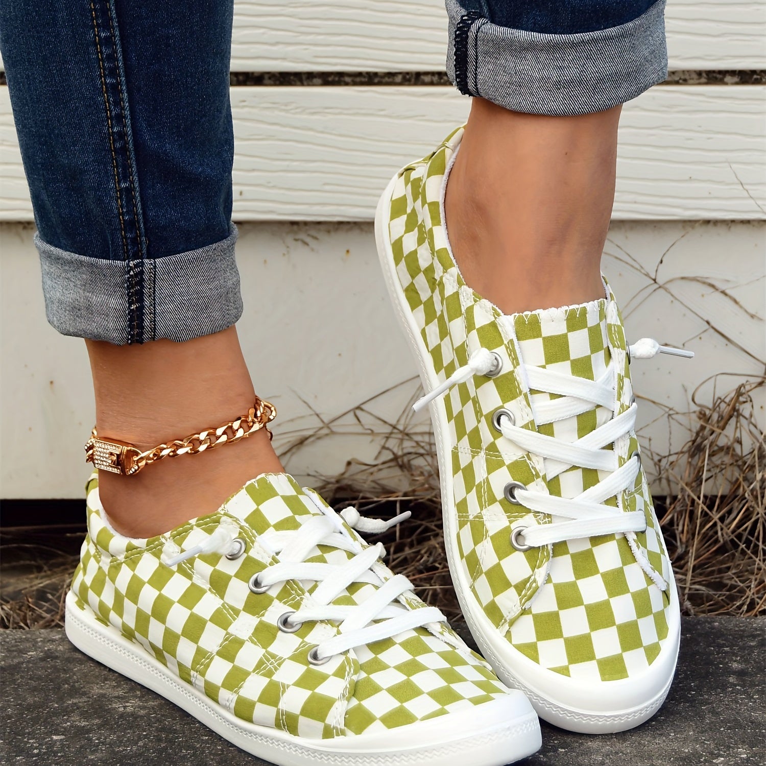 Green Checkerboard Walking Shoes Lace Up Casual Flat Sneakers