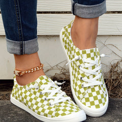 Green Checkerboard Walking Shoes Lace Up Casual Flat Sneakers