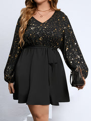 Star Print Long Sleeve V Neck Mini Dress With Belt
