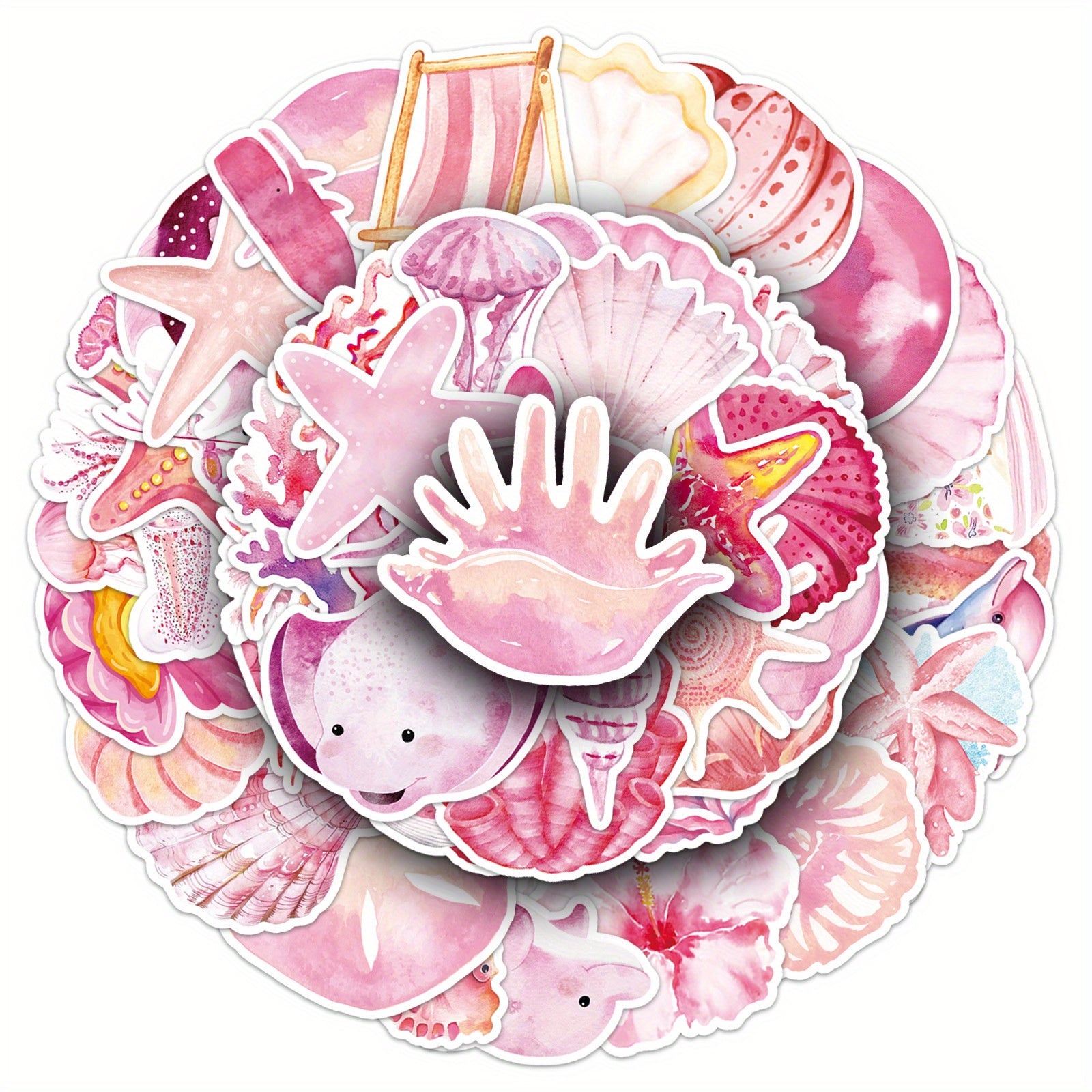 Set of 50 Pink Ocean Themed Cartoon Stickers for Decorating, Self Adhesive