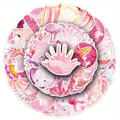 Set of 50 Pink Ocean Themed Cartoon Stickers for Decorating, Self Adhesive