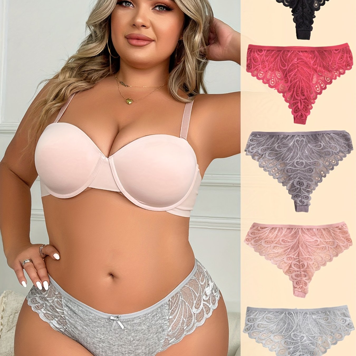 5 Pack Plus Size Panties Set Floral Jacquard Lace Ribbed Panties