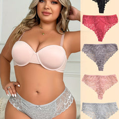 5 Pack Plus Size Panties Set Floral Jacquard Lace Ribbed Panties