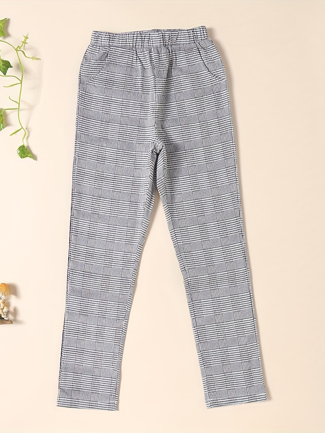 Girls Plaid Print Casual Pants Trousers Elastic Waist Ankle Length