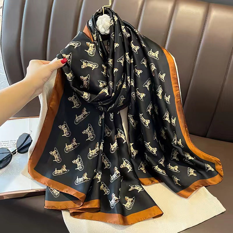 Vintage Horse Print Satin Scarf Silk Shawl Women Head Wrap Casual Sunscreen