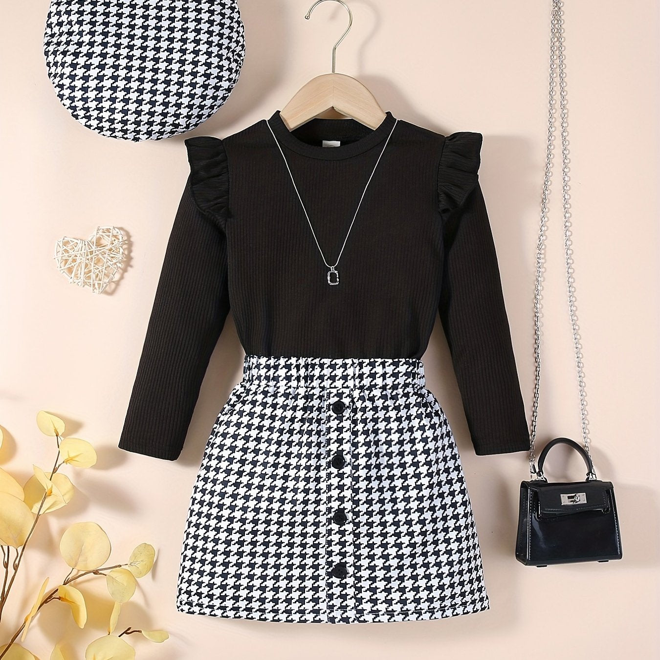 Girl's 3pcs Ribbed Top & Beret Hat & Houndstooth Skirt Set