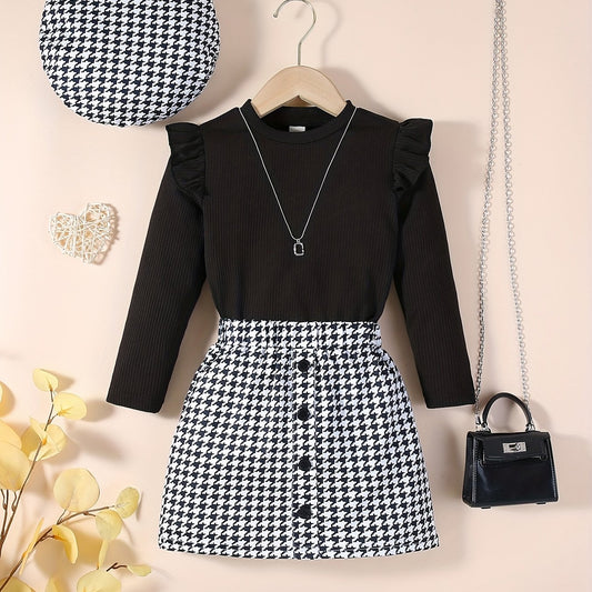 Girl's 3pcs Ribbed Top & Beret Hat & Houndstooth Skirt Set
