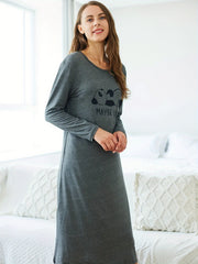 Cartoon Panda Print Lounge Dress Crew Neck Long Sleeve Women's Loungewear