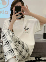 Panda Print Pajama Set Short Sleeve Top & Plaid Pants