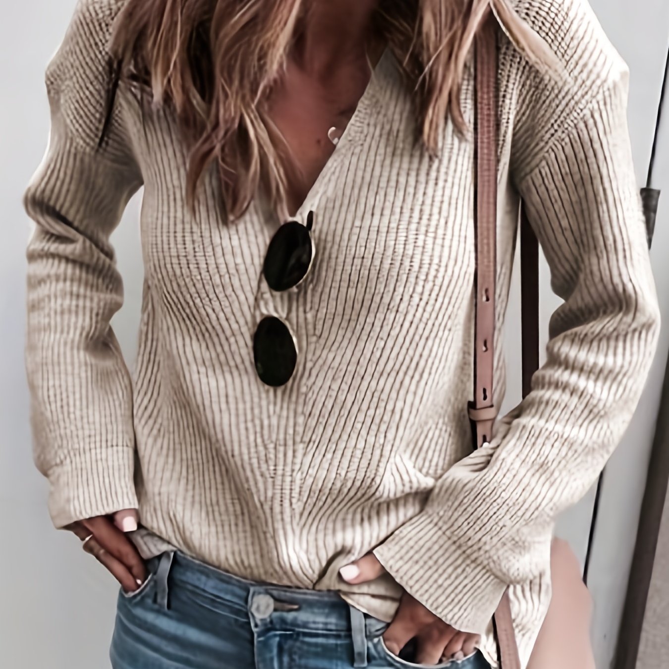 Solid V-Neck Sweater Long Sleeve Knit Pullover