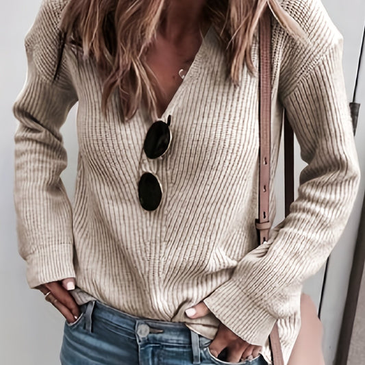 Solid V-Neck Sweater Long Sleeve Knit Pullover