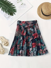 Floral Print Pleated Tie Waist Skirt for Women