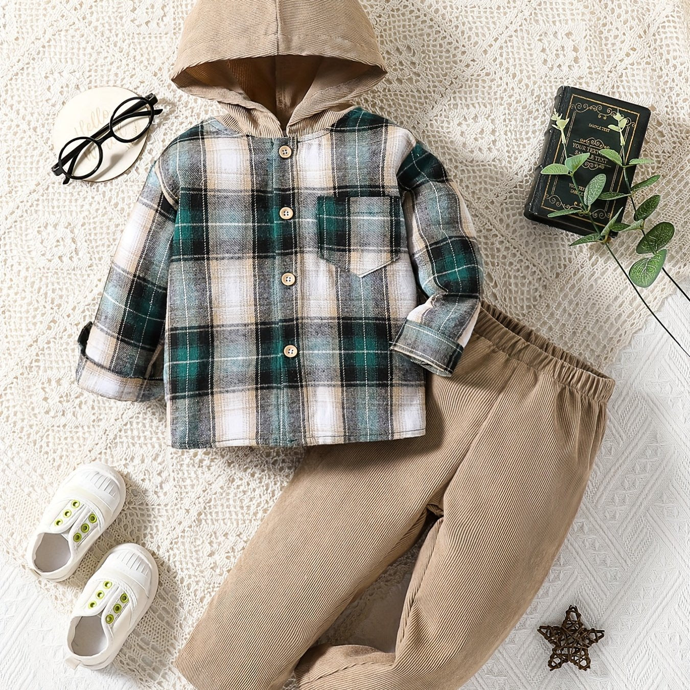 Baby Boys Plaid Hooded Pullover Top Pants Suit