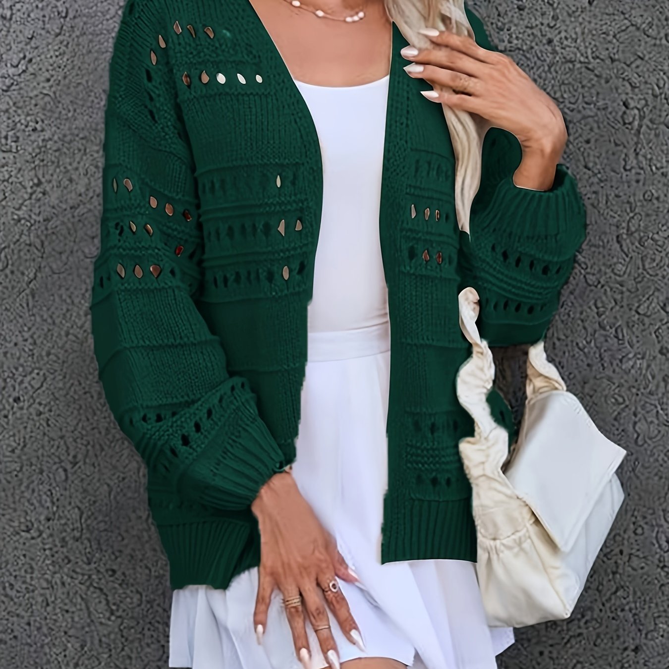 Casual Cardigan Women's Plus Solid Pointelle Knit Hollow Out Long Slee
