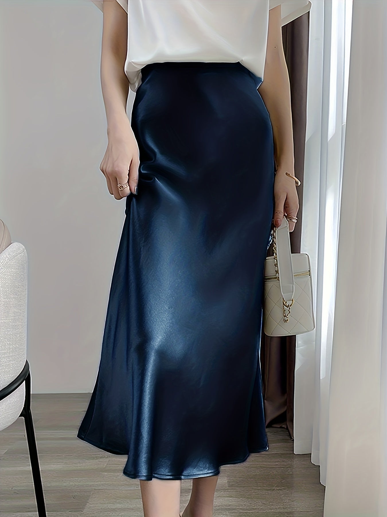 Vintage Satin Maxi Skirt High Waist Summer Casual Solid Retro Style