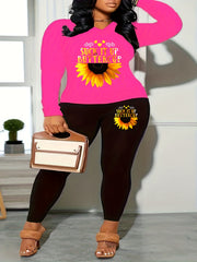 Sunflower & Art Letter Print Top & Leggings Set