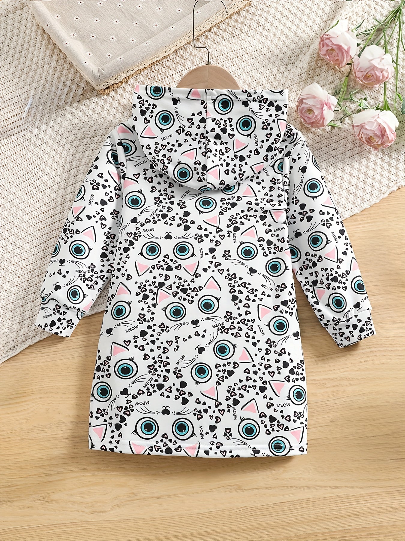 Girls' Kitty Print Casual Hooded Sweatshirt Kids' Hoodie Pullover Coat