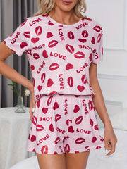 Letter & Lips Print Lounge Set Short Sleeve Top & Loose Shorts