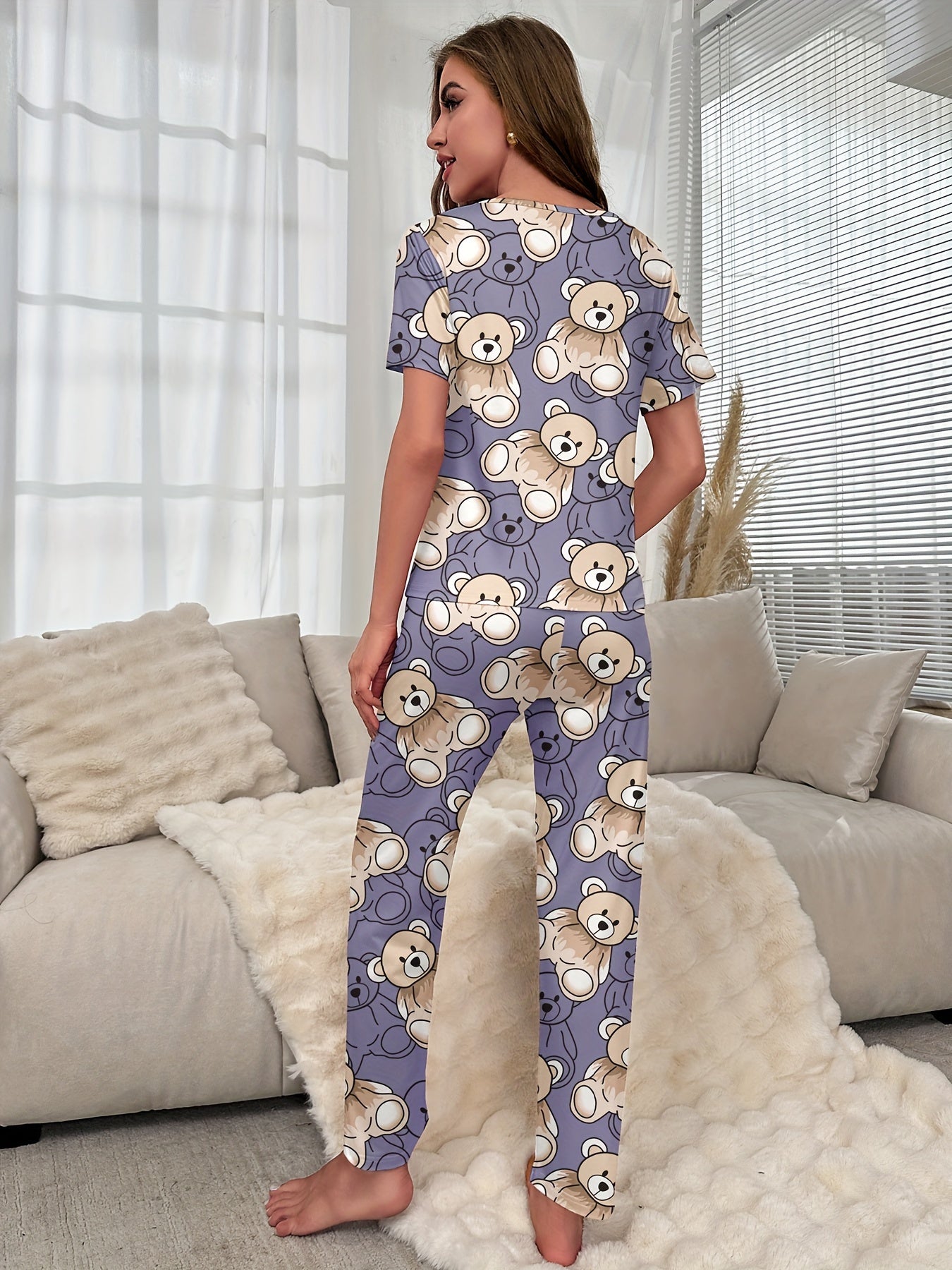 Bear Print Pajama Set Short Sleeve Top & Lounge Pants