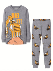 Kid's Excavator Pattern Pajama Set Long Sleeve Top & Pants