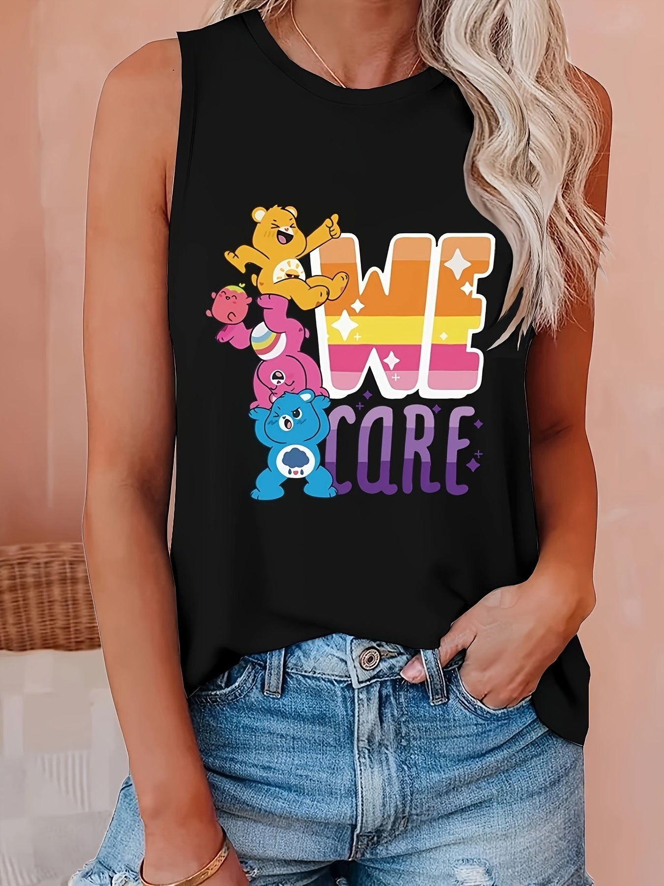 Cartoon Bear Print Tank Top Women's Summer Sleeveless Casual Tee